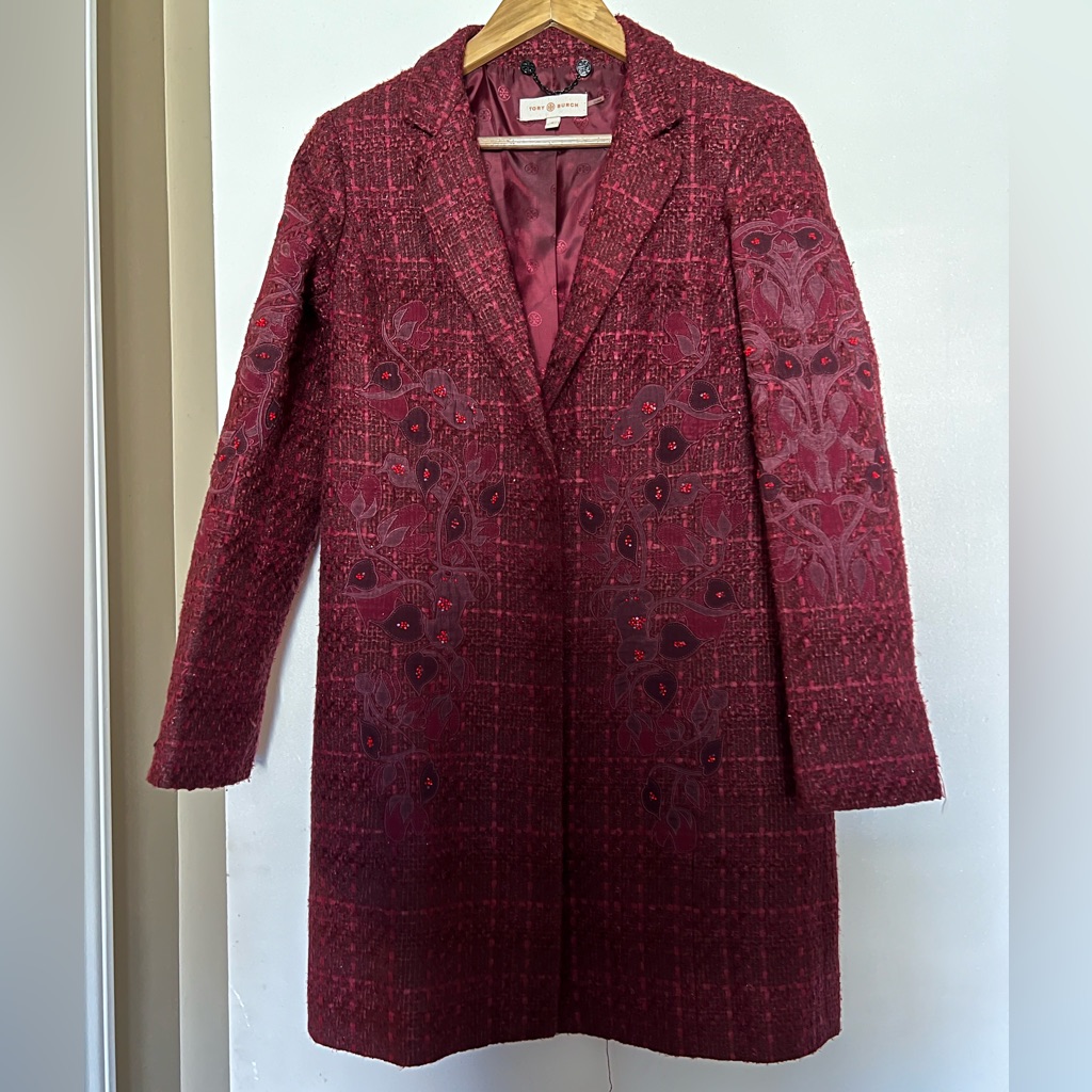 Tory Burch Scarlet Floral Appliqu Tweed Coat Size 4 Small Maroon Red Jacket